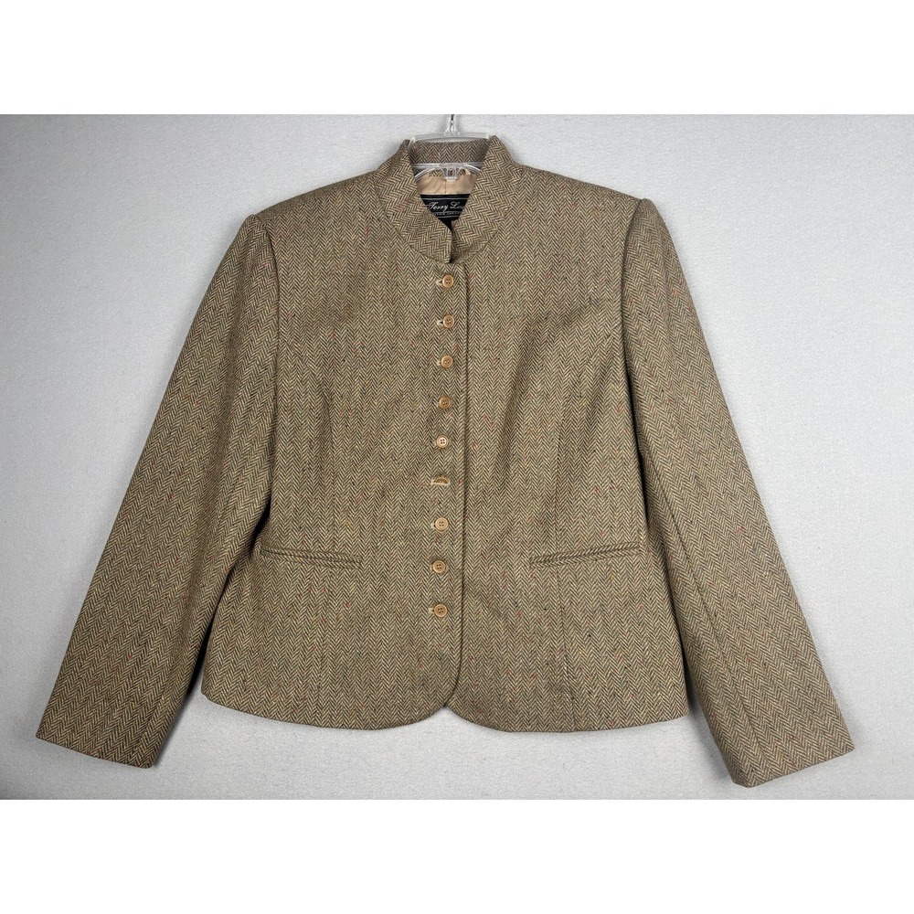 Terry Lewis Blazer Womens 16 Brown Wool Blend Herringbone Tweed Lined Jacket